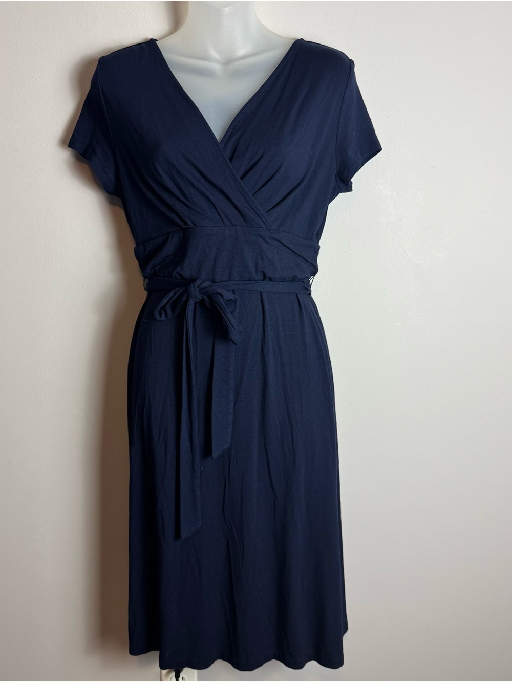 Ann Taylor Navy Faux Wrap Tie Front V Neck Midi Dress Size Small Petite - Picture 3 of 11